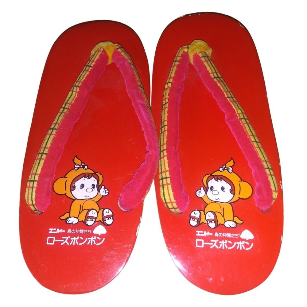 Children's Kawaii Red Geta Wooden Clog Thong Plaid Japanese Flip Flop Sandals